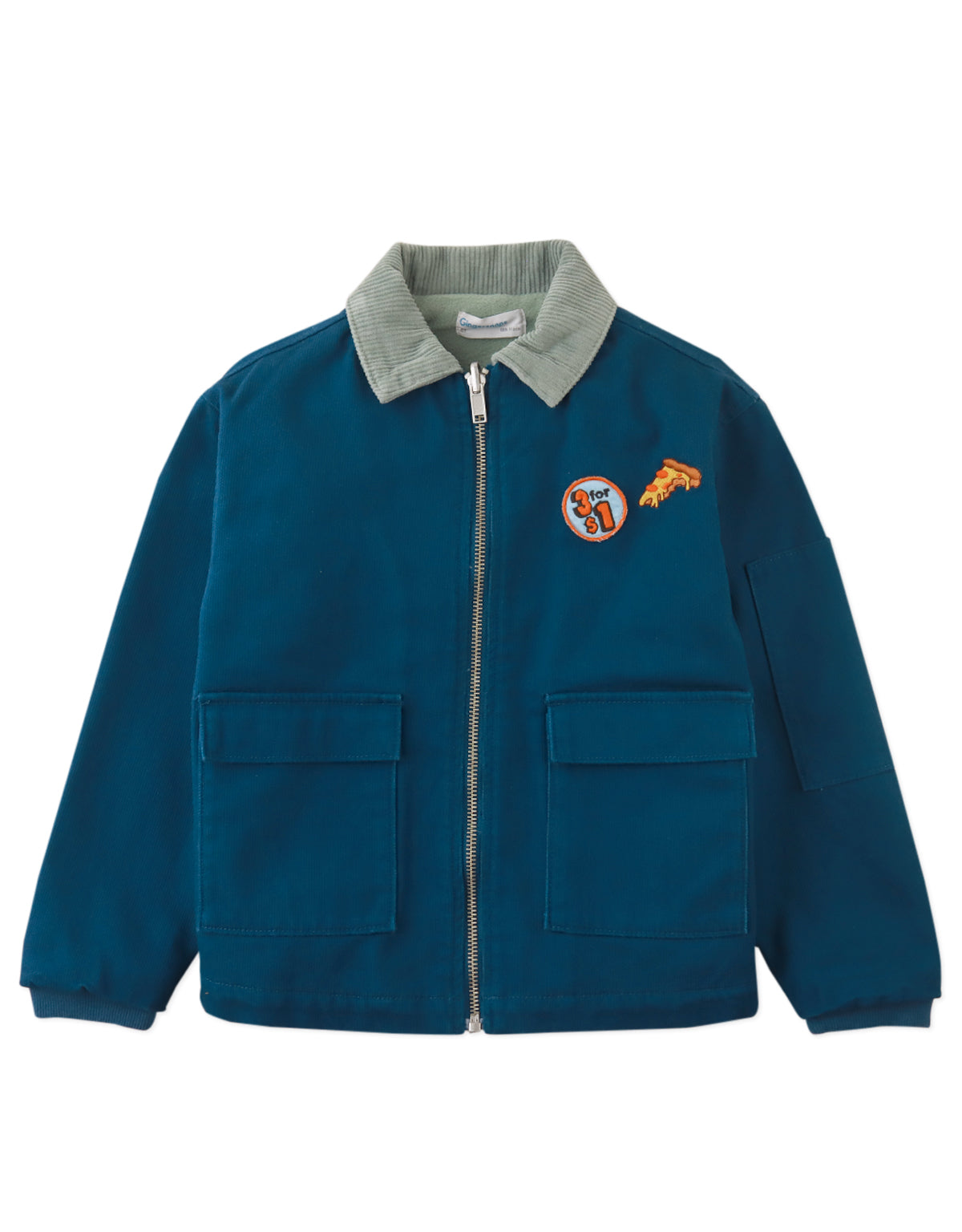 BJORN WORKER'S JACKET BLUE WITH EMBROIDERED PATCHES, BACK PRINT, AND FLEECE APPLIQUÉ