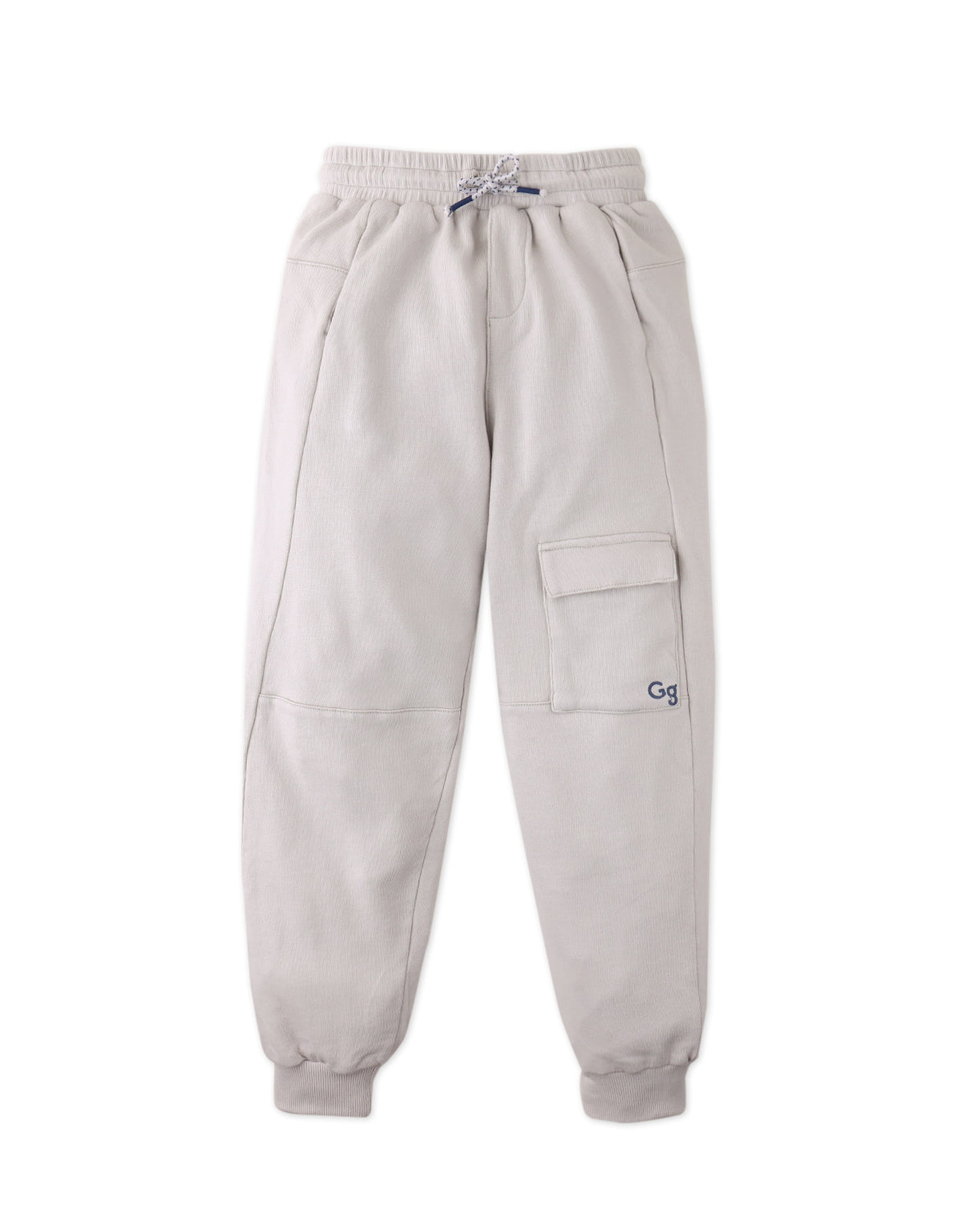 Full front catalog image of the Isaiah Sporty Cargo Joggers in beige worn by young boy model, with embroidered GG logo for