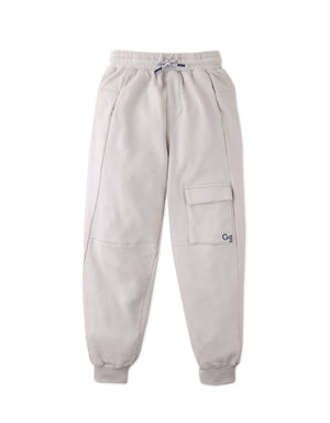 Full front catalog image of the Isaiah Sporty Cargo Joggers in beige worn by young boy model, with embroidered GG logo for