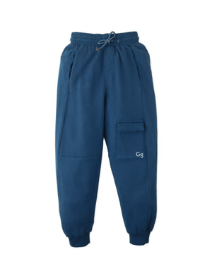 Full front catalog image of the Isaiah Sporty Cargo Joggers in blue worn by young boy model, with embroidered GG logo for kids from the streetwear-inspired collection of Gingersnaps Philippines.