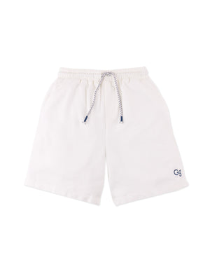 Full front catalog image of the Tim Drawstring Shorts in white worn by young boy model, with embroidered GG logo and drawstring details from the streetwear-inspired collection of Gingersnaps Philippines.