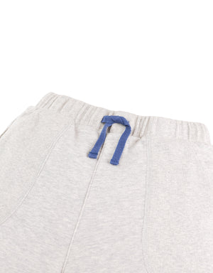 Detail front photo of Miles Pull-On Shorts in gray, focusing on the elastic waistband and cotton fabric surface, from the