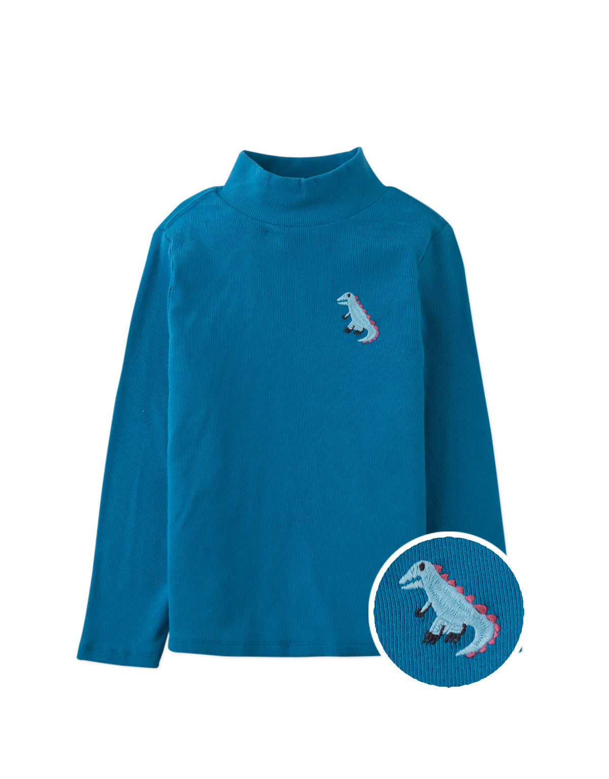 ANDREI MOCK NECK LONG SLEEVES T-SHIRT BLUE WITH EMBROIDERED T-REX DETAIL