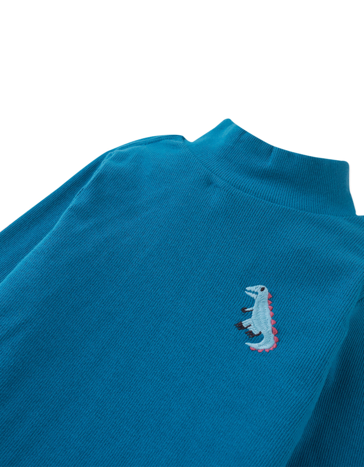 ANDREI MOCK NECK LONG SLEEVES T-SHIRT BLUE WITH EMBROIDERED T-REX DETAIL