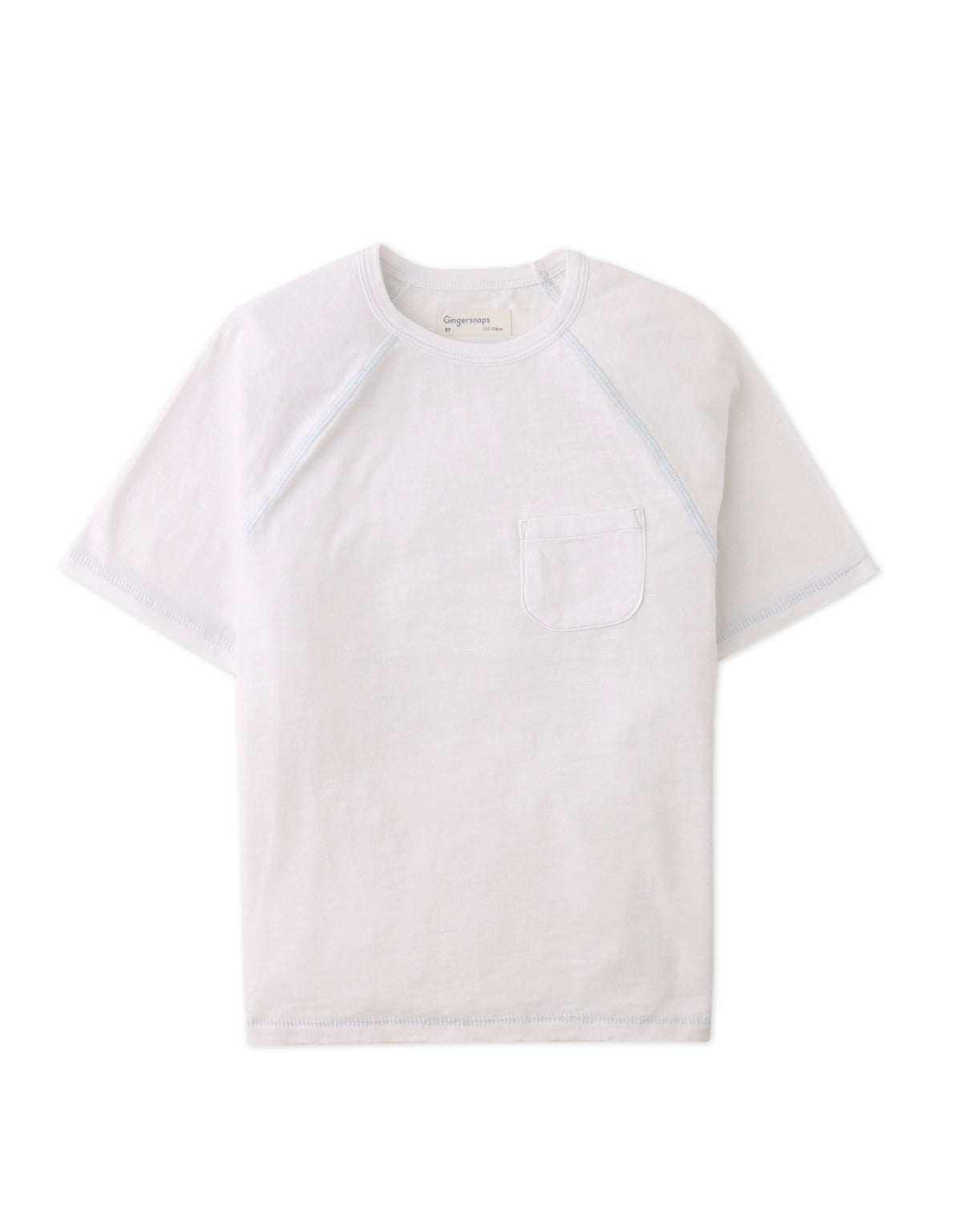 Full front photo of Kevin Jersey Raglan Tee in white showing cotton slub and classic raglan sleeve, from the Holiday collection of Filipino kids fashion brand Gingersnaps Philippines.
