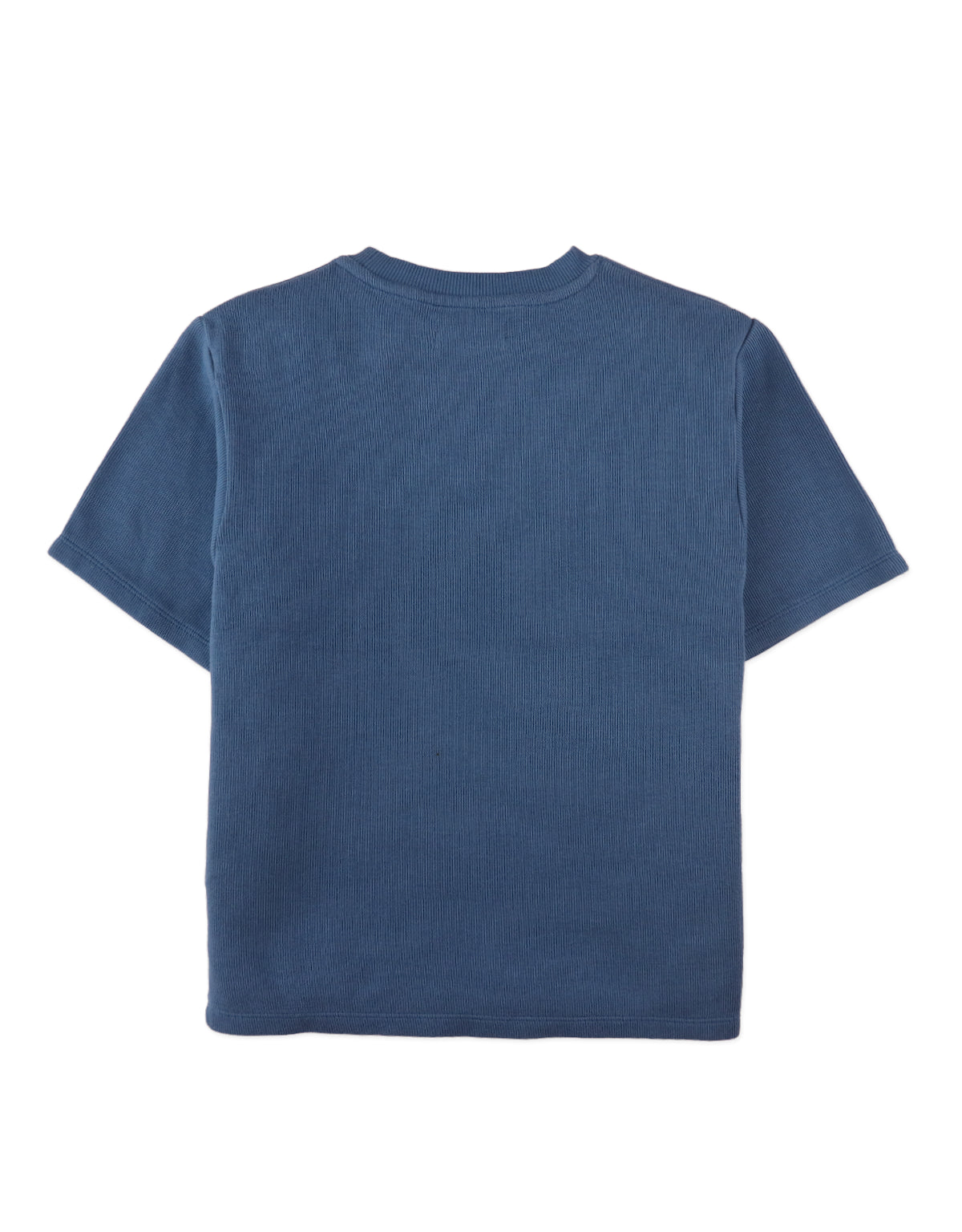 Full back photo of Aris Tee in blue with front pocket, showing the straight back panel and sleeve length, from the Holiday collection of Filipino kids fashion brand Gingersnaps Philippines.
