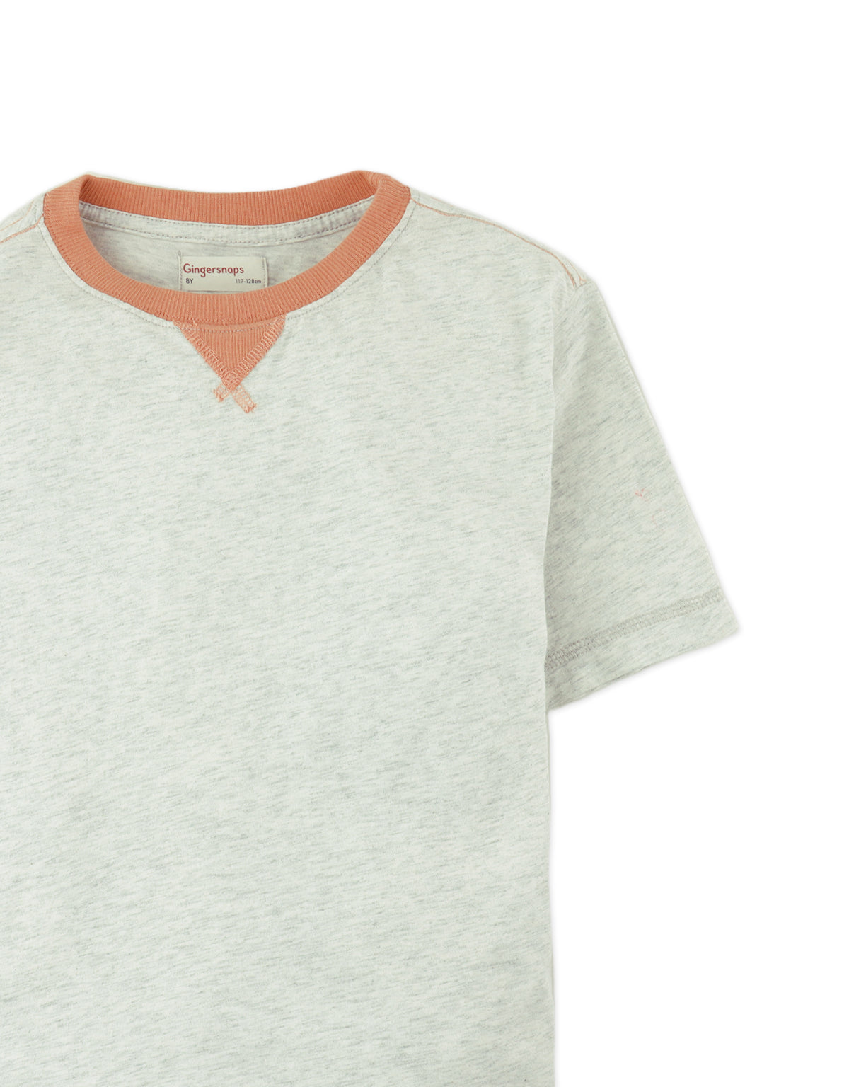 Details front photo of Julien V-Patch Tee in gray, showing the V-shaped neckline patch and soft cotton fabric, from the Holiday collection of Filipino kids fashion brand Gingersnaps Philippines.