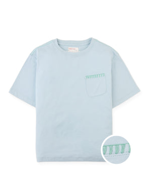 Full front photo of Casper Tee with stitched pocket in soft light blue, from the Holiday collection of Filipino kids fashion brand Gingersnaps Philippines.