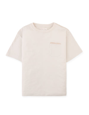 Details front photo of Casper Tee with stitched pocket in warm beige, showing fine stitch work and pocket detail, from the Holiday collection of Filipino kids fashion brand Gingersnaps Philippines.