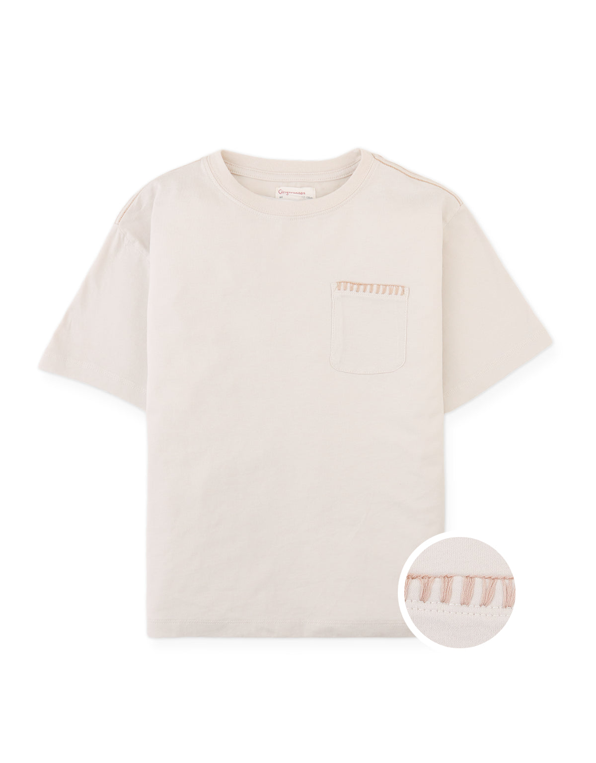 Full front photo of Casper Tee with stitched pocket in warm beige, from the Holiday collection of Filipino kids fashion brand Gingersnaps Philippines.