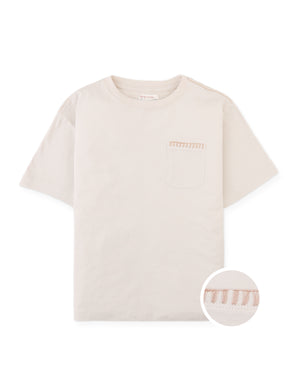 Full front photo of Casper Tee with stitched pocket in warm beige, from the Holiday collection of Filipino kids fashion brand Gingersnaps Philippines.
