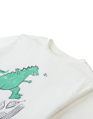 Details front photo of Rhett Graphic Tee with dinosaur print, showing playful dinosaur graphic and soft cotton texture, from the Holiday collection of Filipino kids fashion brand Gingersnaps Philippines.