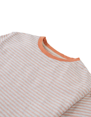 Details front photo of Corin Tee with fine stripes in caramel, showing delicate stripe pattern and lightweight fabric texture, from the Holiday collection of Filipino kids fashion brand Gingersnaps Philippines.