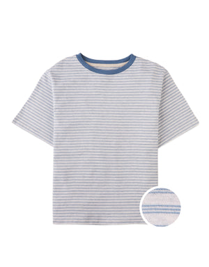 Full front photo of Corin Tee with fine stripes in denim, from the Holiday collection of Filipino kids fashion brand Gingersnaps Philippines.