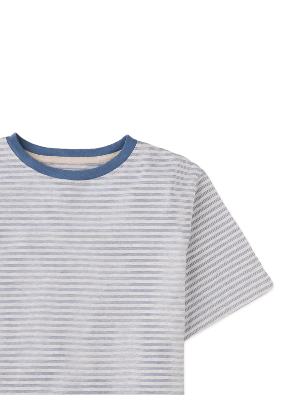 Details front photo of Corin Tee with fine stripes in denim, showing subtle stripe detailing and soft lightweight fabric, from the Holiday collection of Filipino kids fashion brand Gingersnaps Philippines