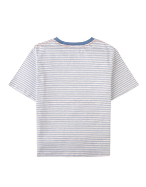 Full back photo of Corin Tee with fine stripes in denim, from the Holiday collection of Filipino kids fashion brand Gingersnaps Philippines.