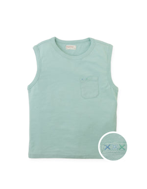 Full front photo of Hayes Tank Top with embroidered pocket in green, from the Holiday collection of Filipino kids fashion brand Gingersnaps Philippines.