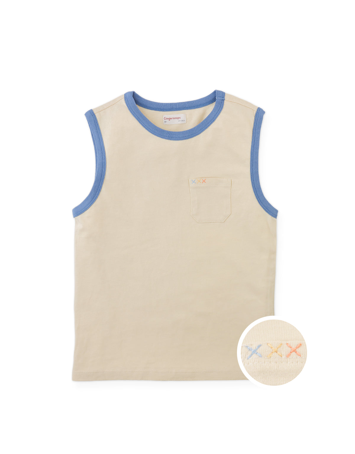 Full front photo of Hayes Tank Top with embroidered pocket in beige, from the Holiday collection of Filipino kids fashion brand Gingersnaps Philippines.