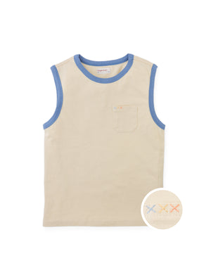 Full front photo of Hayes Tank Top with embroidered pocket in beige, from the Holiday collection of Filipino kids fashion brand Gingersnaps Philippines.