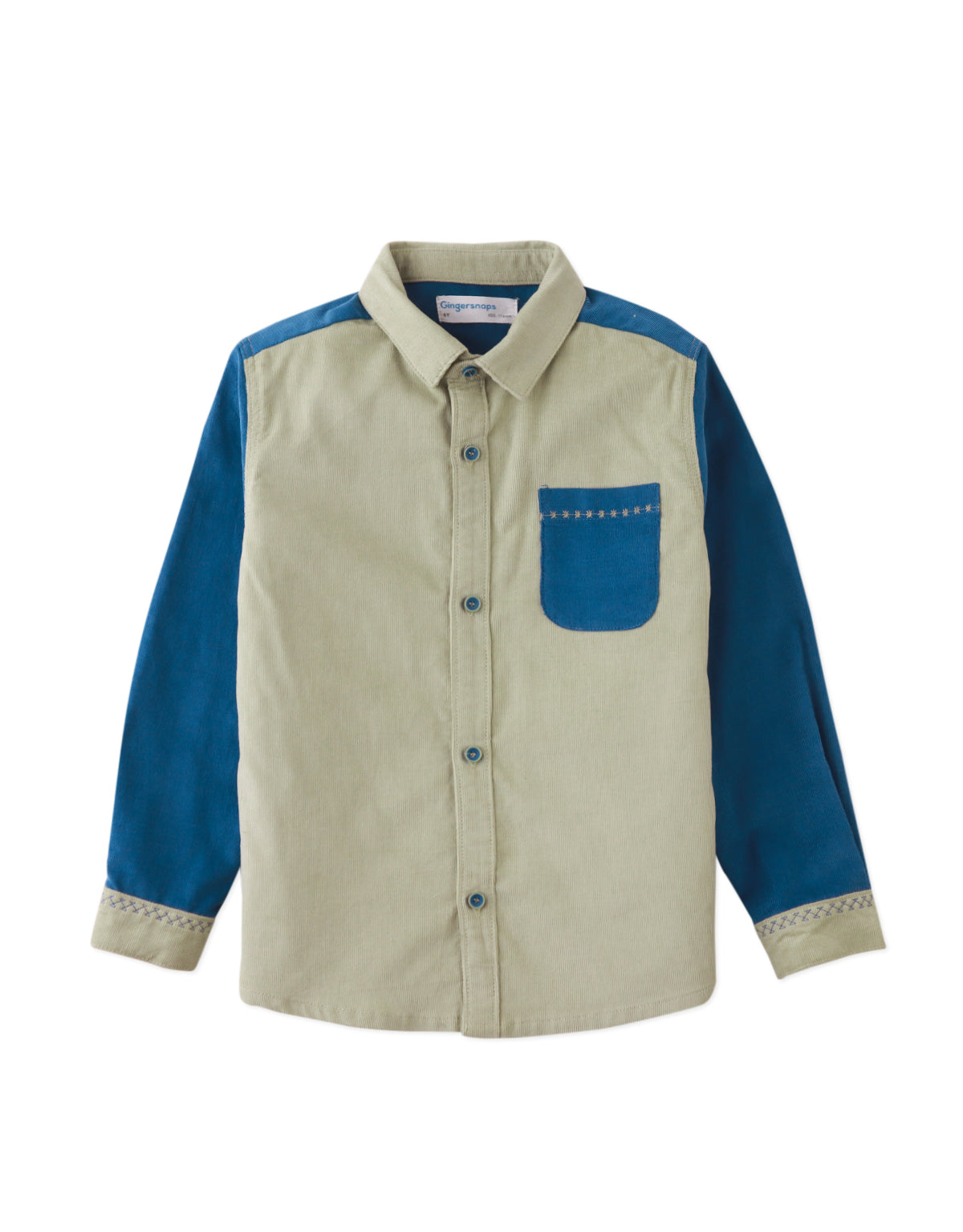 LIEV BUTTON DOWN LONG SLEEVES SHIRT PALE OLIVE/BLUE COLORBOCK WITH MACHINE STITCHING ACCENTS