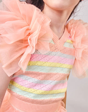 Crysha Striped Pointelle Knit Top With Ruffle Sleeves front view