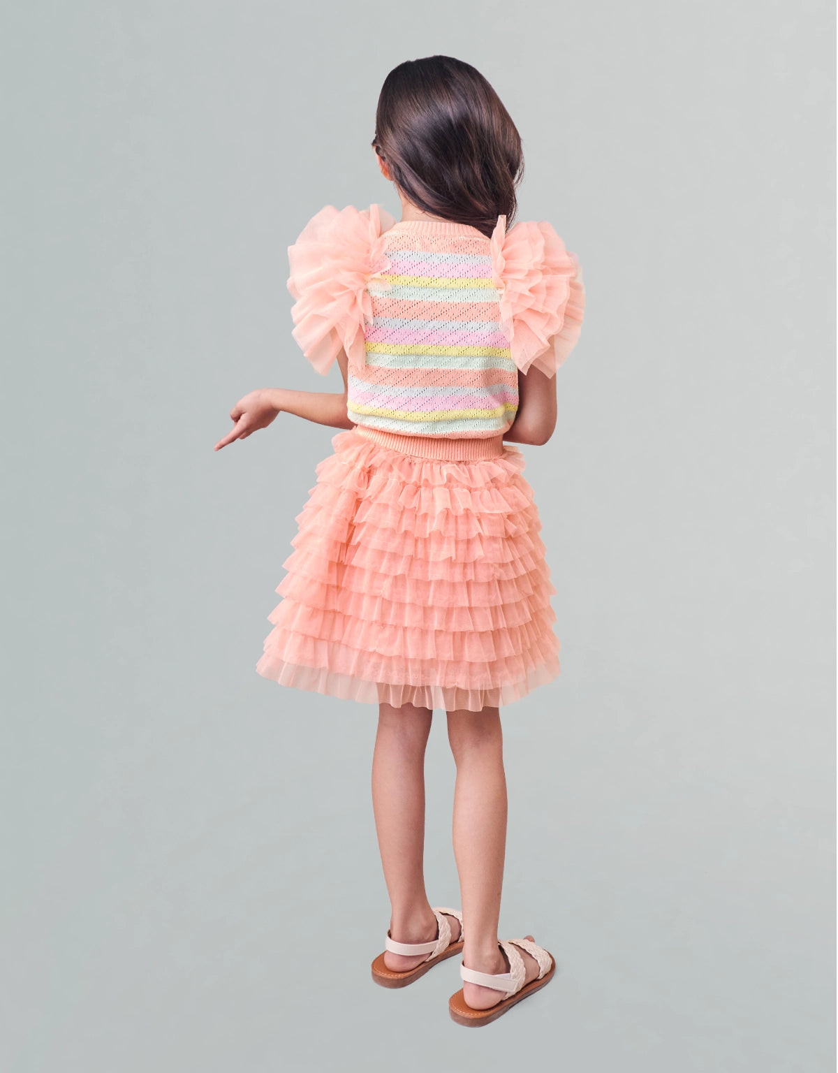 Crysha Striped Pointelle Knit Top With Ruffle Sleeves fabric and fit detail