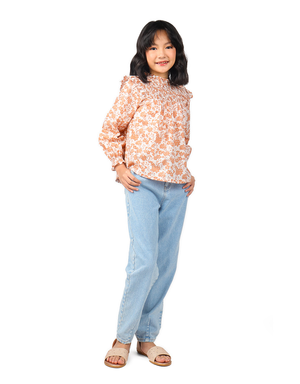 GIRLS PRINTED LONG SLEEVES TOP WITH DIAMOND SMOCKED YOKE