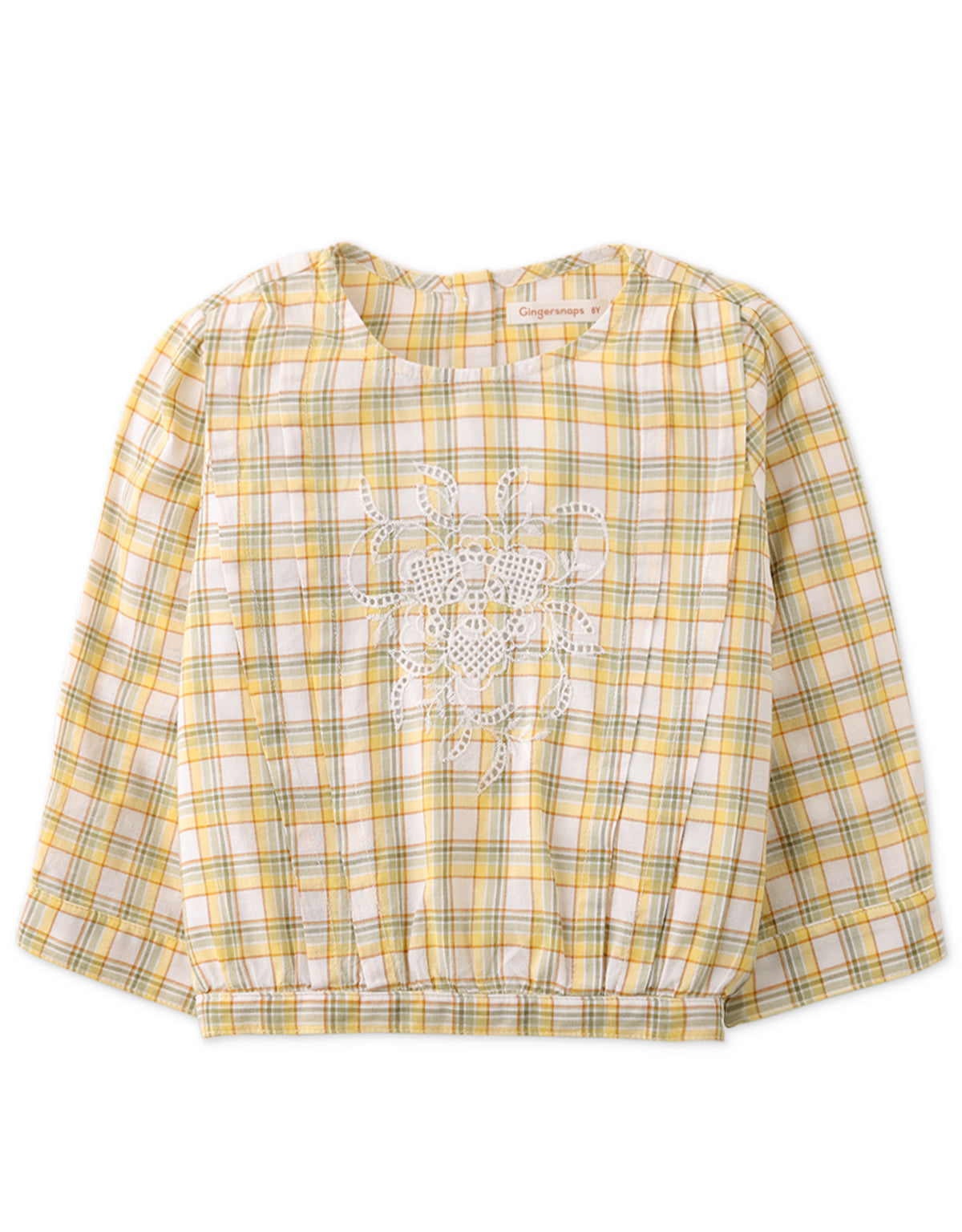 GIRLS CHECKERED TOP WITH FLORAL EYELET