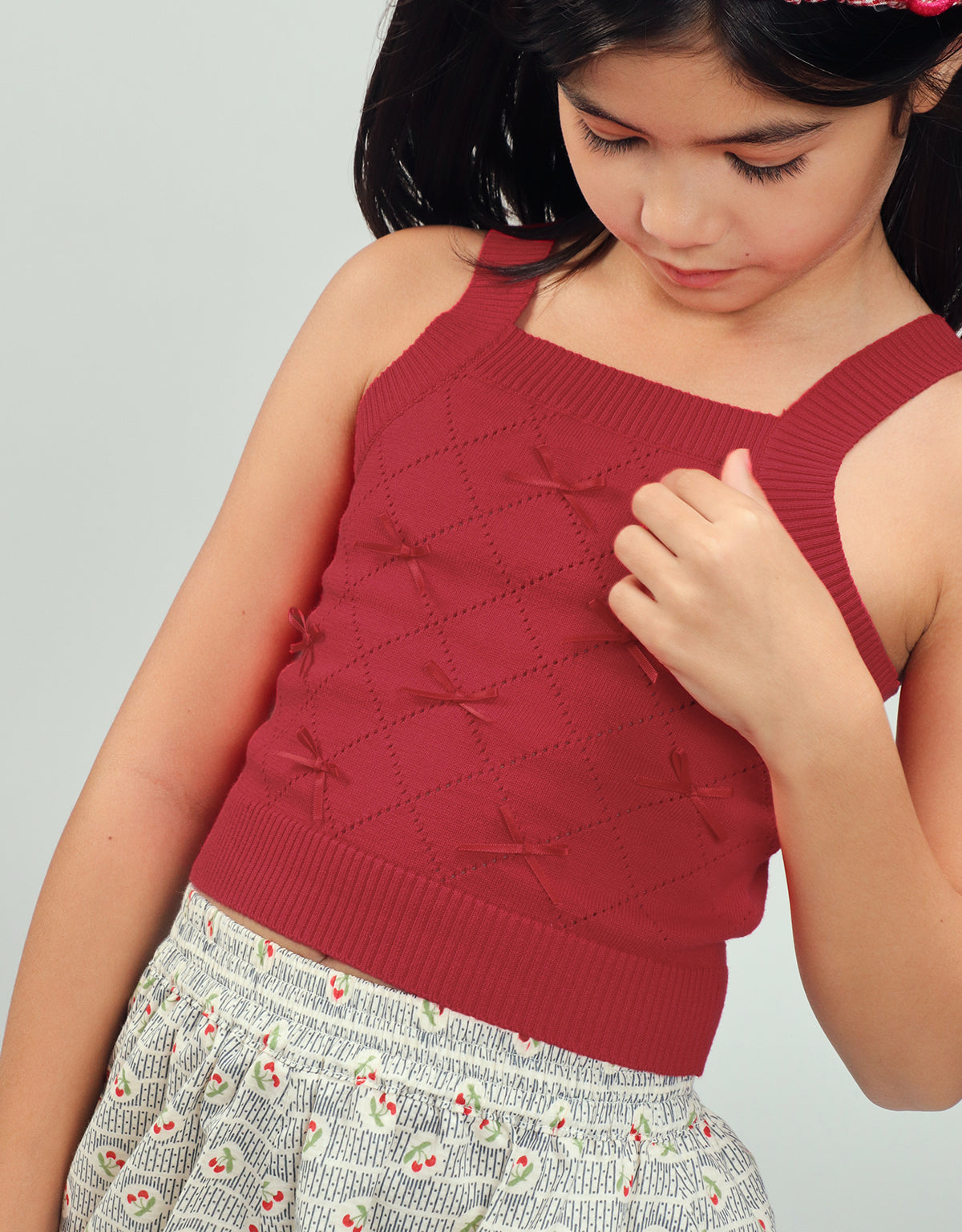 AMANDINE KNITTED POINTELLE TANK TOP WITH BOWS