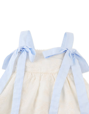 Close-up front detail of the Leilani Embroidered Top with Bow Tie Straps, highlighting floral embroidery and tied strap details from the Spring Summer collection of Gingersnaps Philippines.