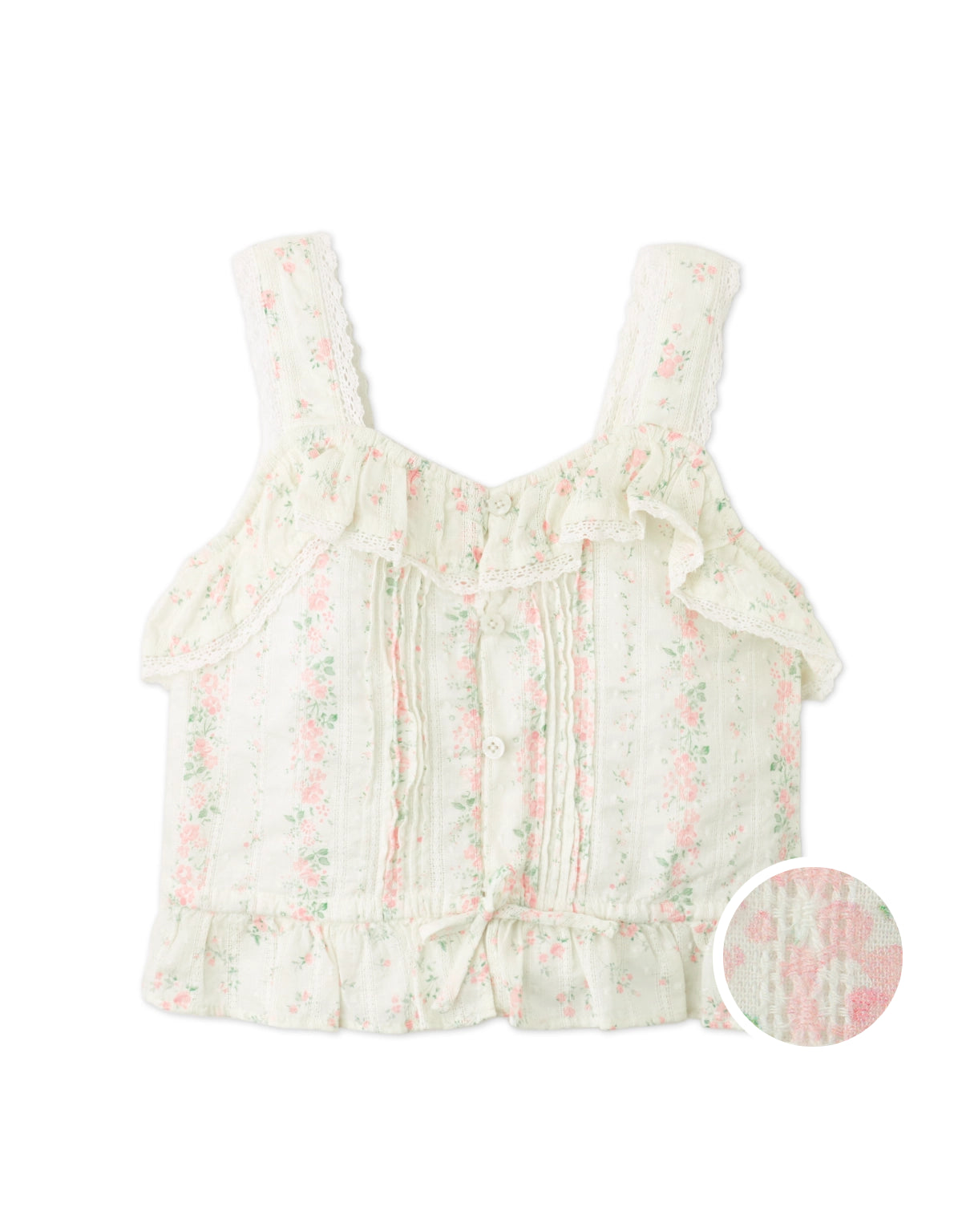 LARISSA PRINTED STRAPPY TOP WITH LACE TRIM AND TIES