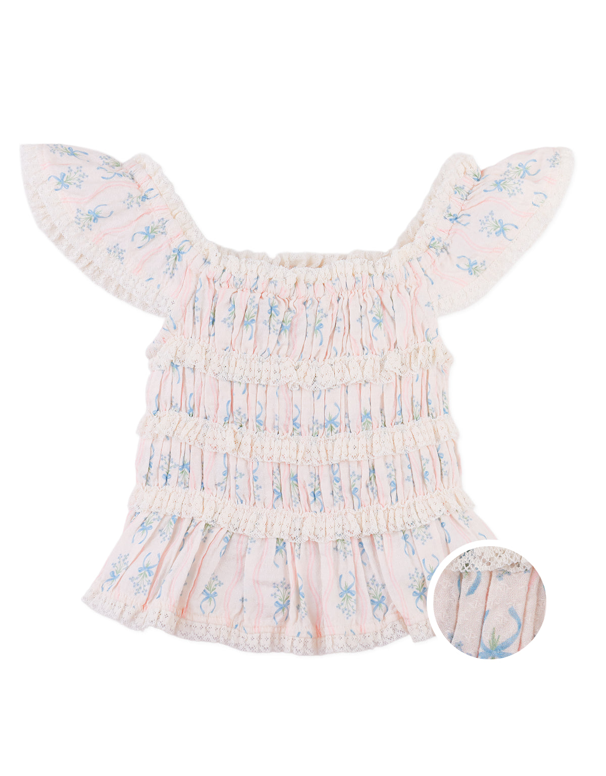 NADIA FLORAL BLOUSE WITH TIERED EYELET SCALLOPS AND RUFFLE SLEEVES