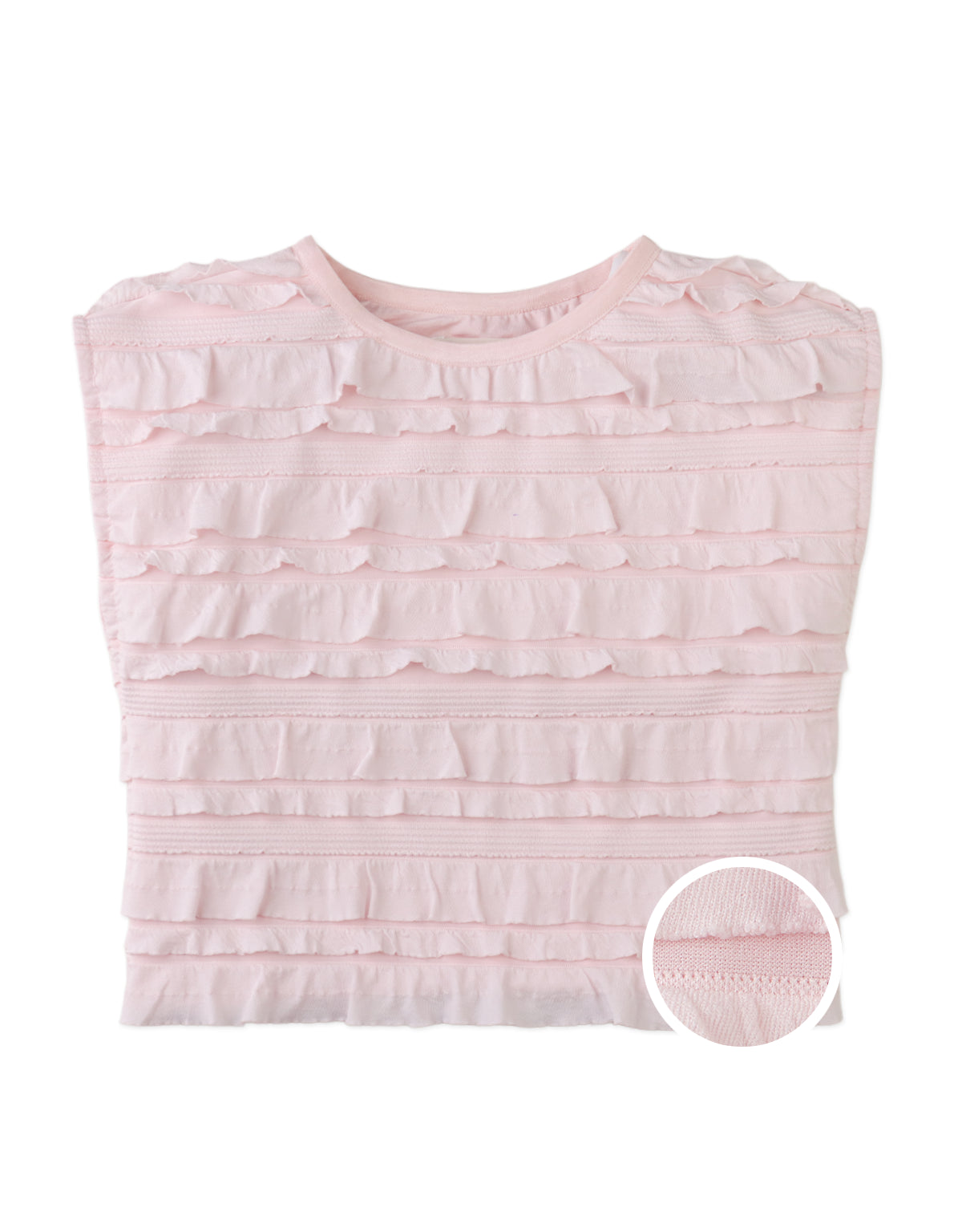 Campaign photo of the Cora Blouse with All-Over Ruffles from the Pastel Cherry Chic for Girls collection, featuring layered