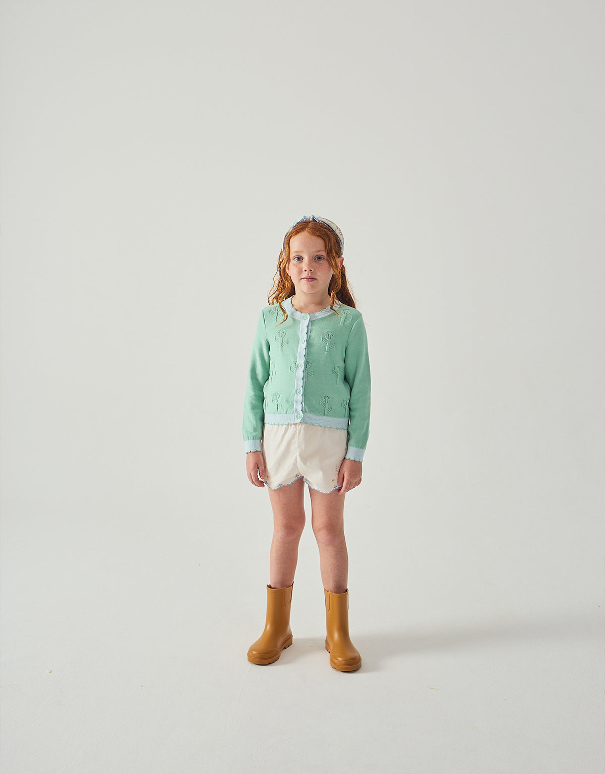 Flatlay front view of the Natalie Cardigan with Scalloped Ribbed Edges, showcasing knit texture and delicate trim details from the Spring Summer collection of Filipino kids fashion brand Gingersnaps Philippines.