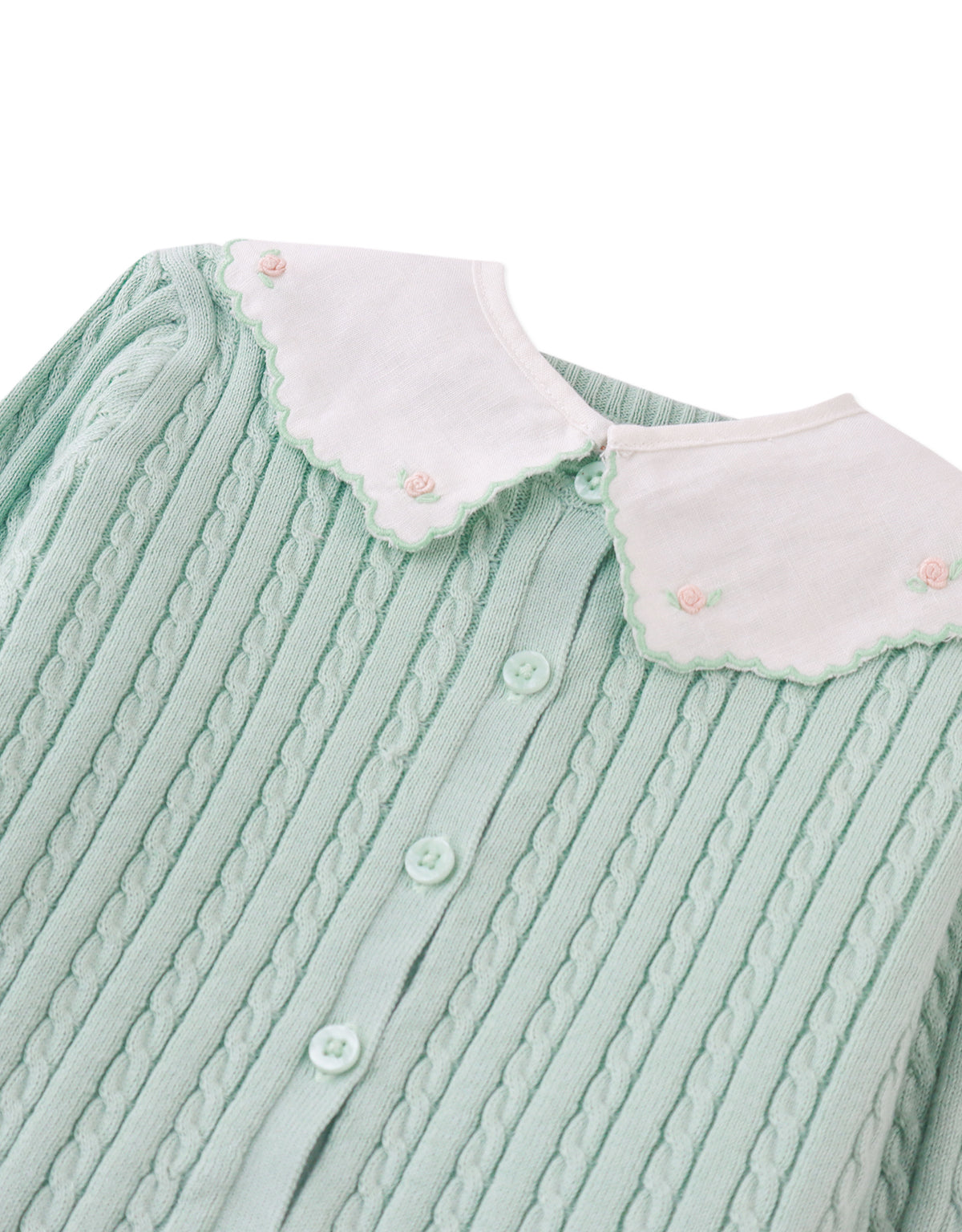 FRIDA CARDIGAN GREEN WITH BOUILLON EMBROIDERED CONTRAST COLLAR