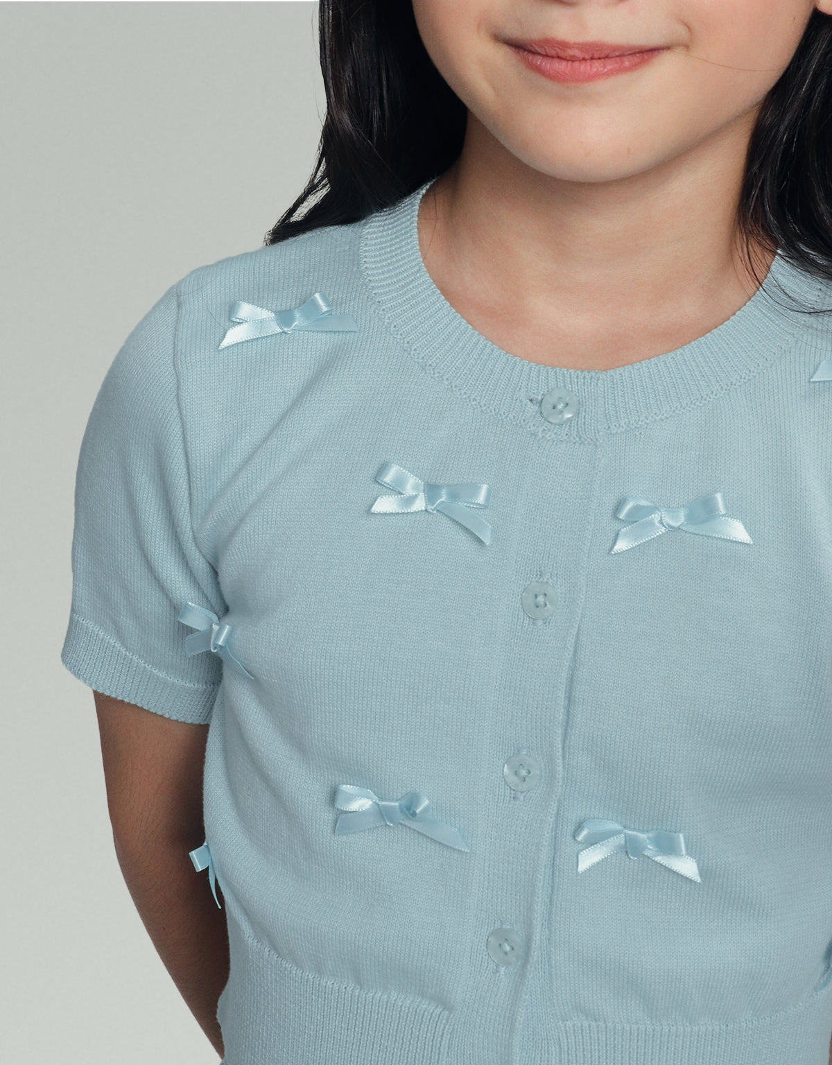 JULIETA KNITTED SHORT SLEEVE CARDIGAN WITH BOW DETAILS