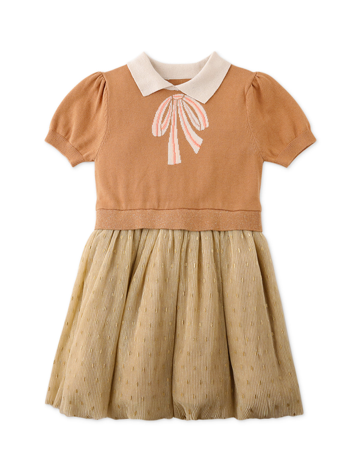 GIRLS INTARSIA DRESS WITH GOLD DOTTED TULLE BOTTOM