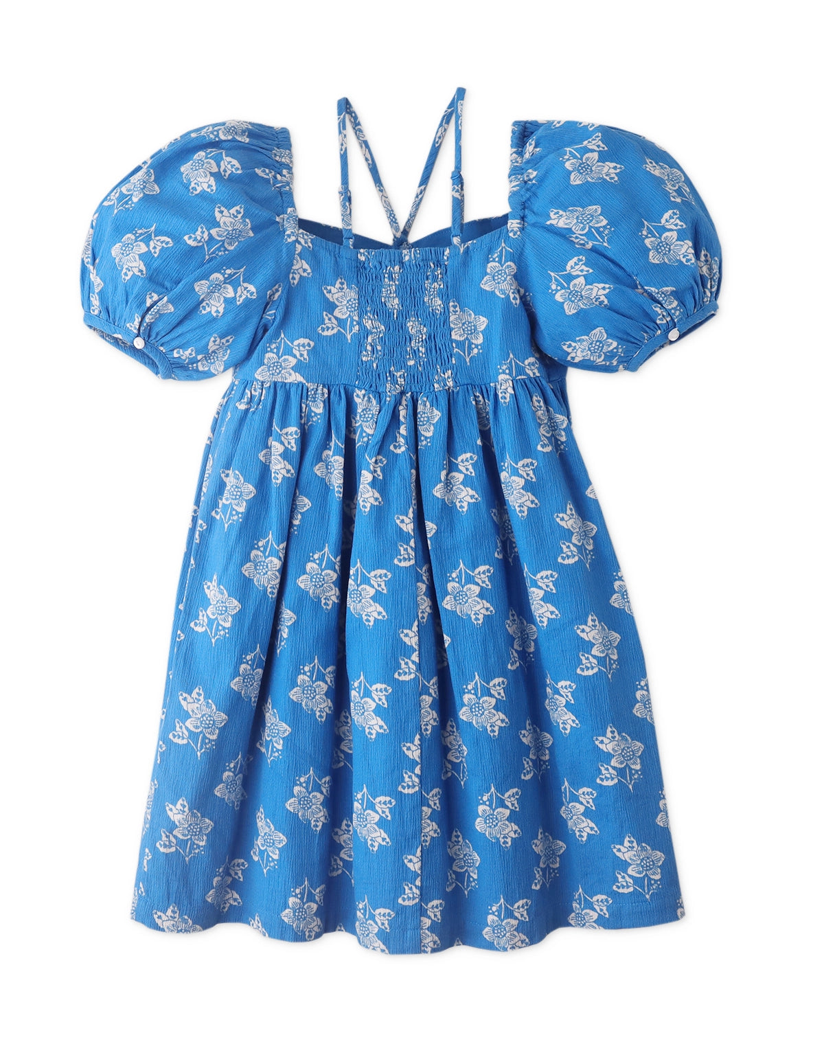 GIRLS BLOCKED PRINT PUFF SLEEVES DRESS WITH STRAPS