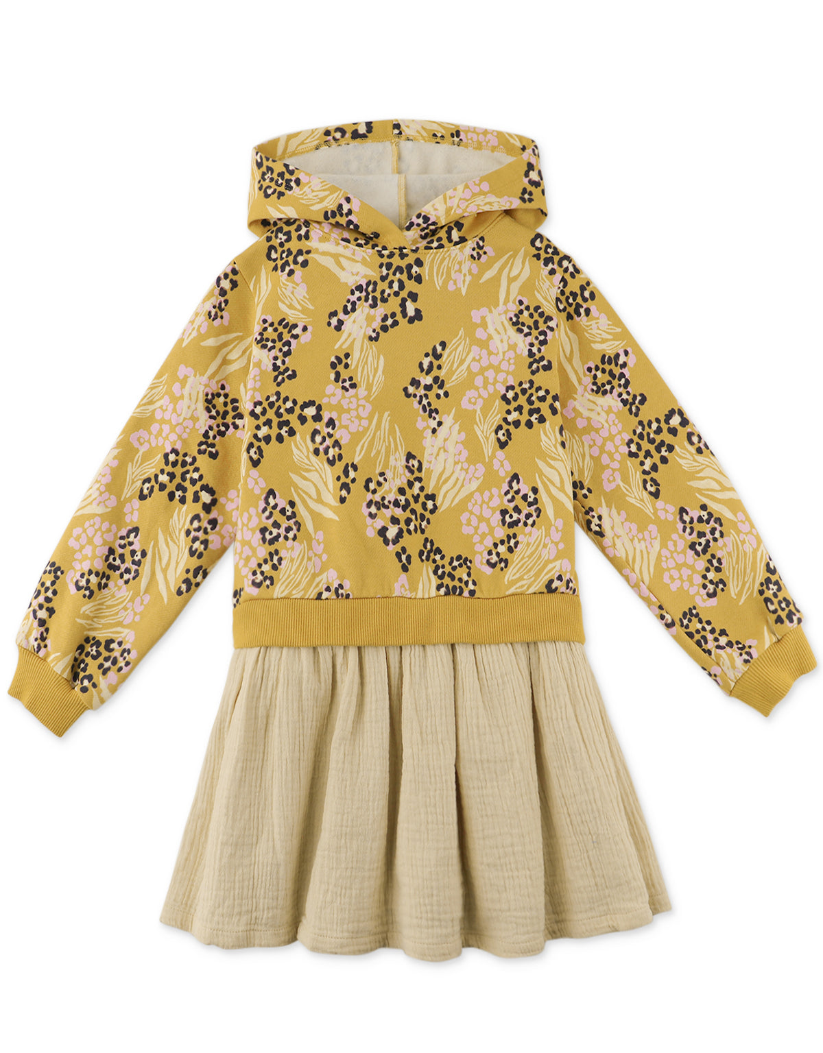 GIRLS ANIMAL PRINT HOODIE DRESS WITH LONG SLEEVES