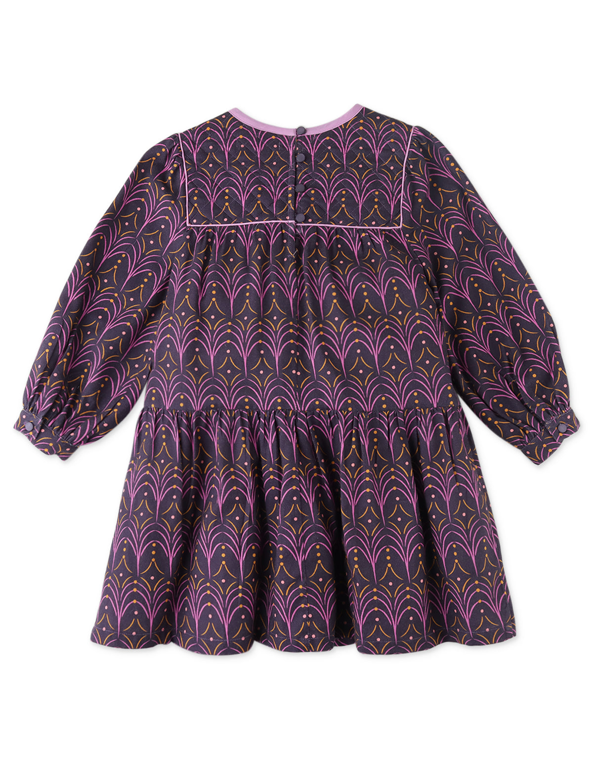 GIRLS WADDED YOKE PRINTED DRESS WITH CONTRAST TRIMMINGS