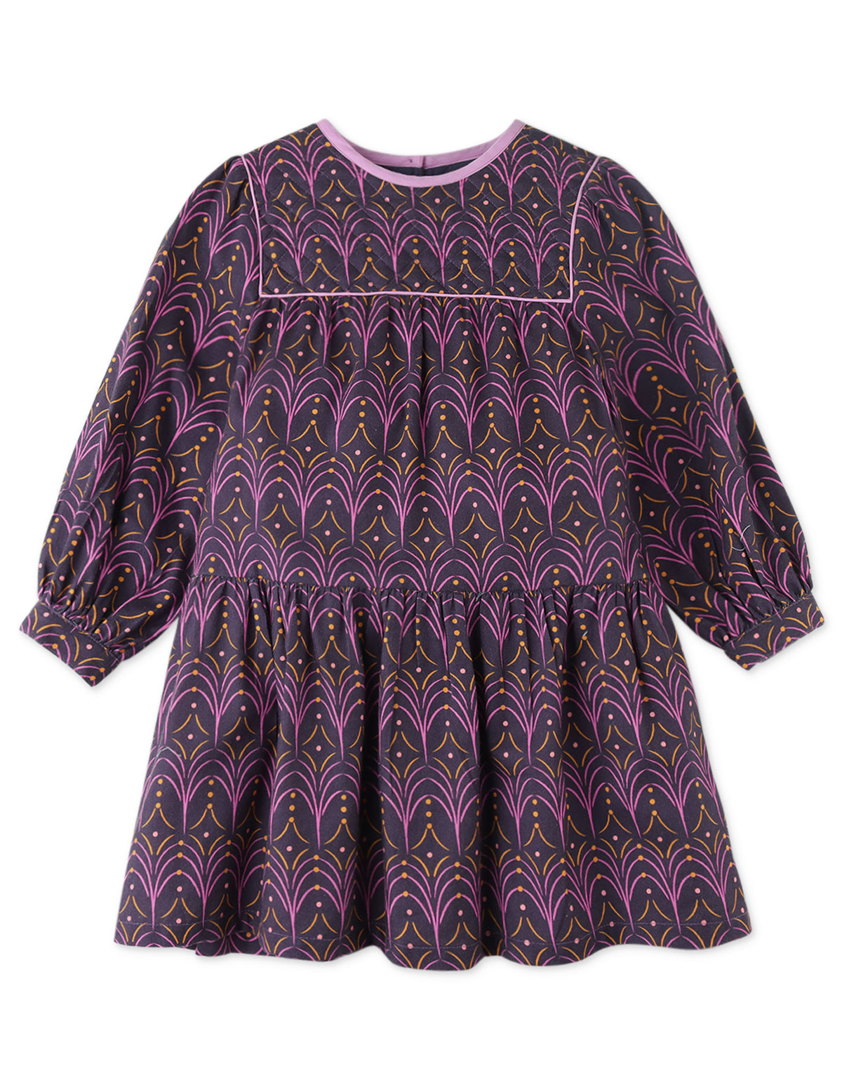 GIRLS WADDED YOKE PRINTED DRESS WITH CONTRAST TRIMMINGS