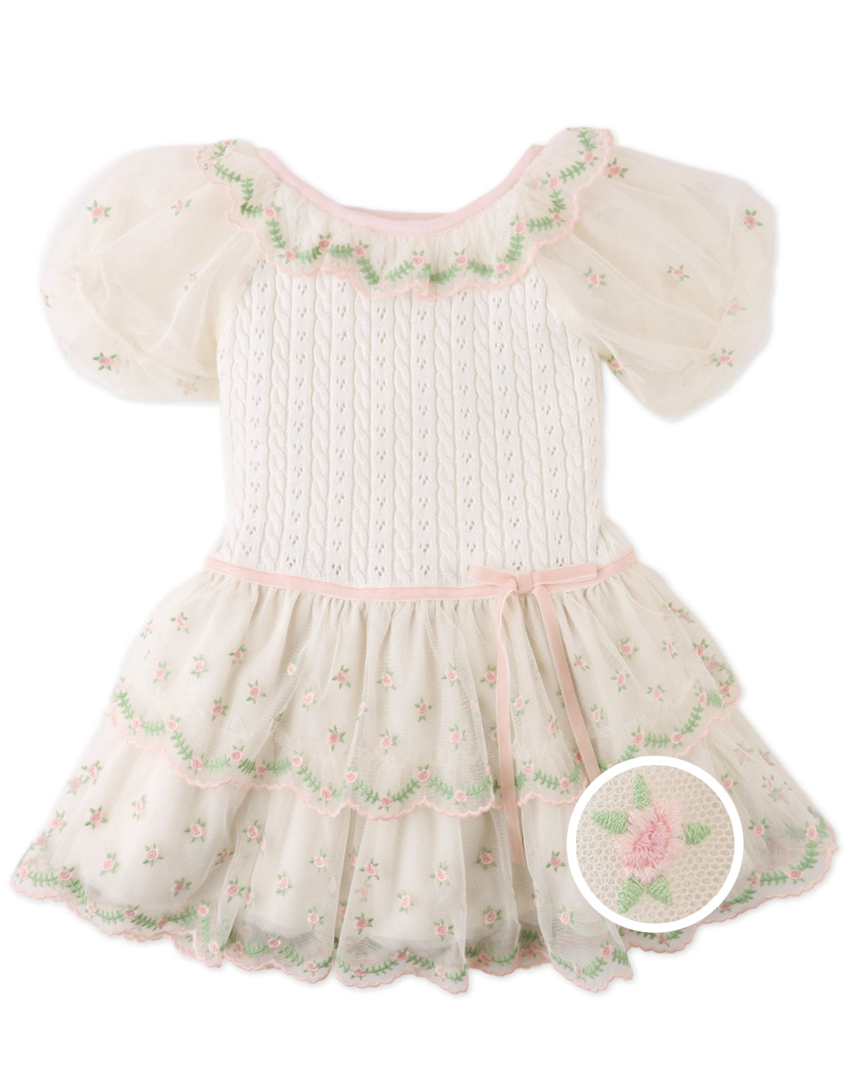Full front view of the Drop Waist Dress with Embroidered Tiered Skirt, featuring soft tiers and intricate embroidery from Gingersnaps PH.