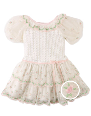 Full front view of the Drop Waist Dress with Embroidered Tiered Skirt, featuring soft tiers and intricate embroidery from Gingersnaps PH.