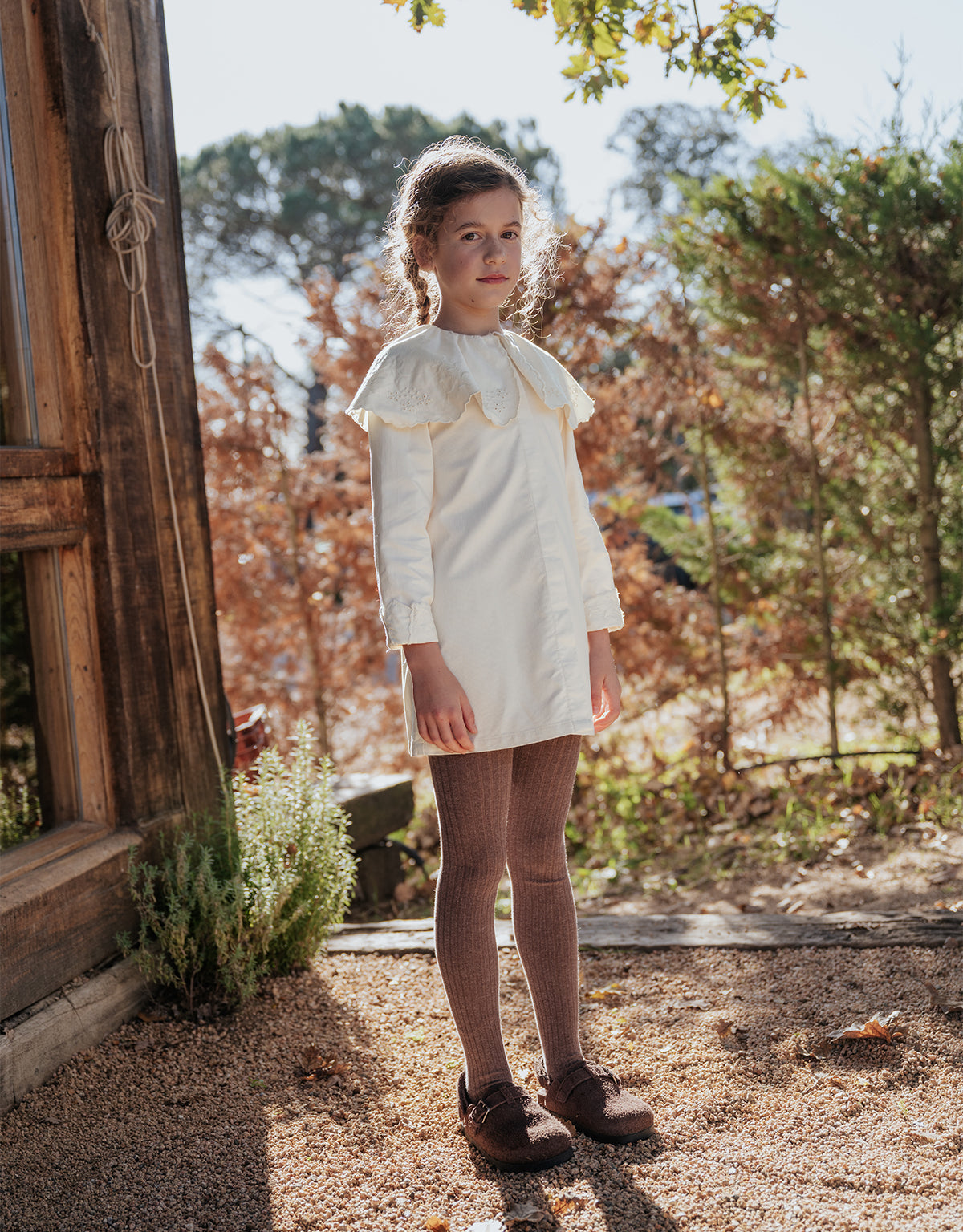 MERYL LONG SLEEVES SHIFT DRESS EGGNOG WITH EMBROIDERED CAPE AND CUFFS