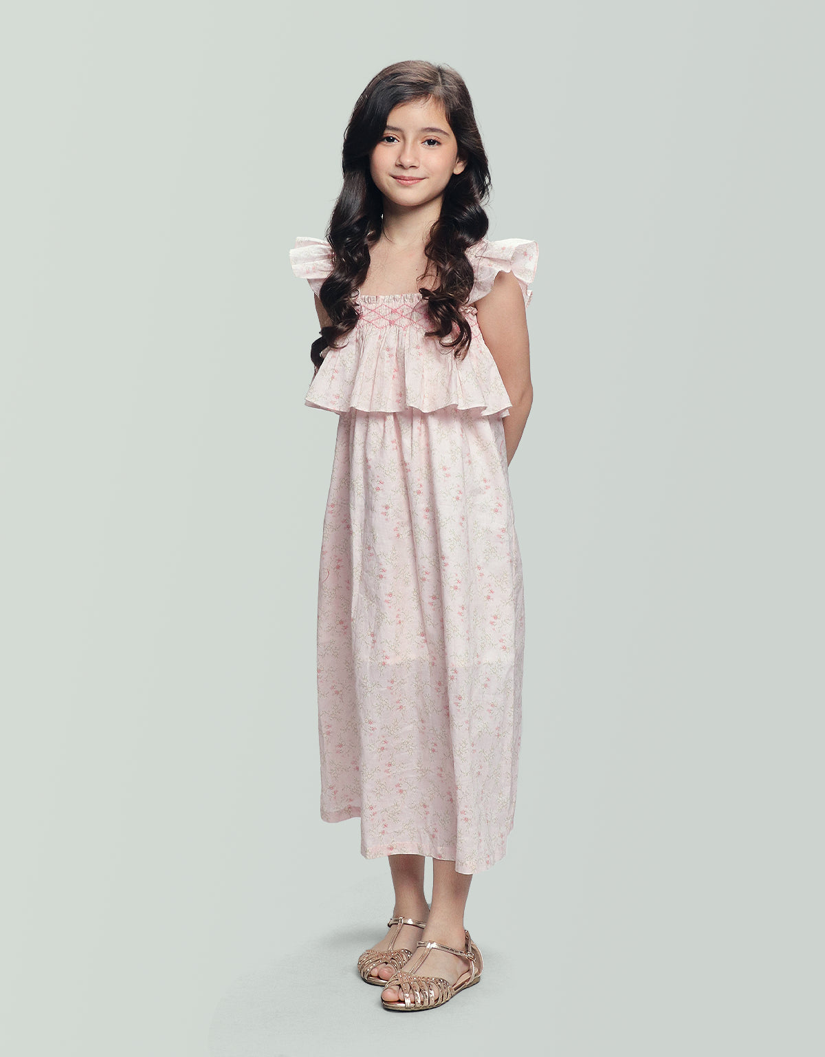 CATALINA FLORAL PRINT TIERED DRESS WITH SMOCKED BODICE AND RUFFLE SLEEVES