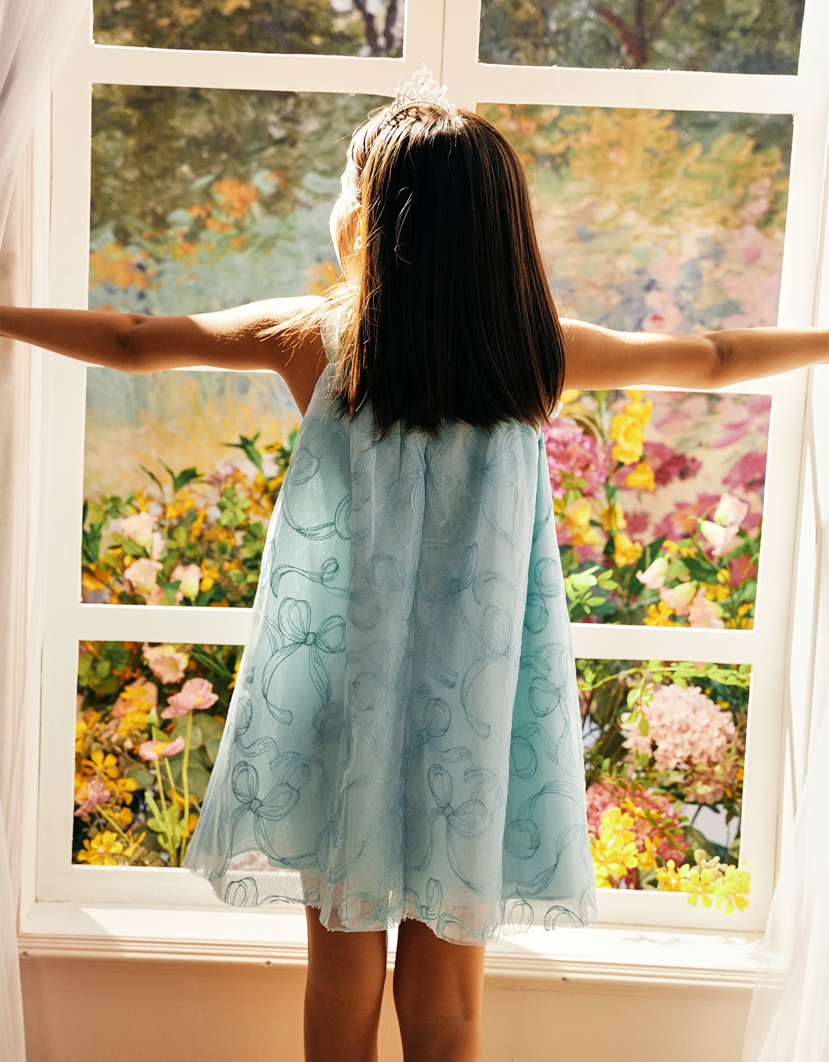 MILLIE TULLE DRESS WITH EMBROIDERE D BOWS AND VELVET STRAP TIES