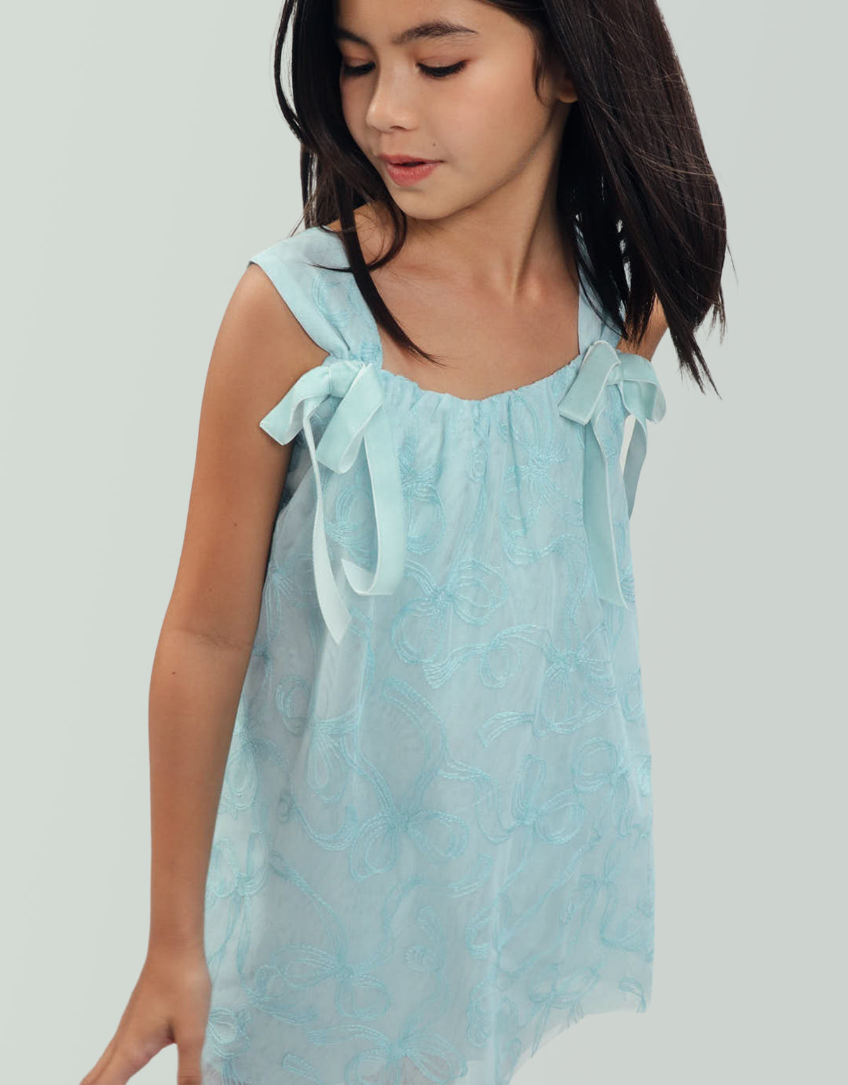 MILLIE TULLE DRESS WITH EMBROIDERE D BOWS AND VELVET STRAP TIES