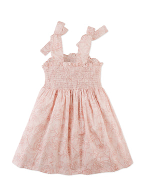 Savannah Floral Toile Print Dress with Smocked and Velvet Bows Bodice fabric and fit detail