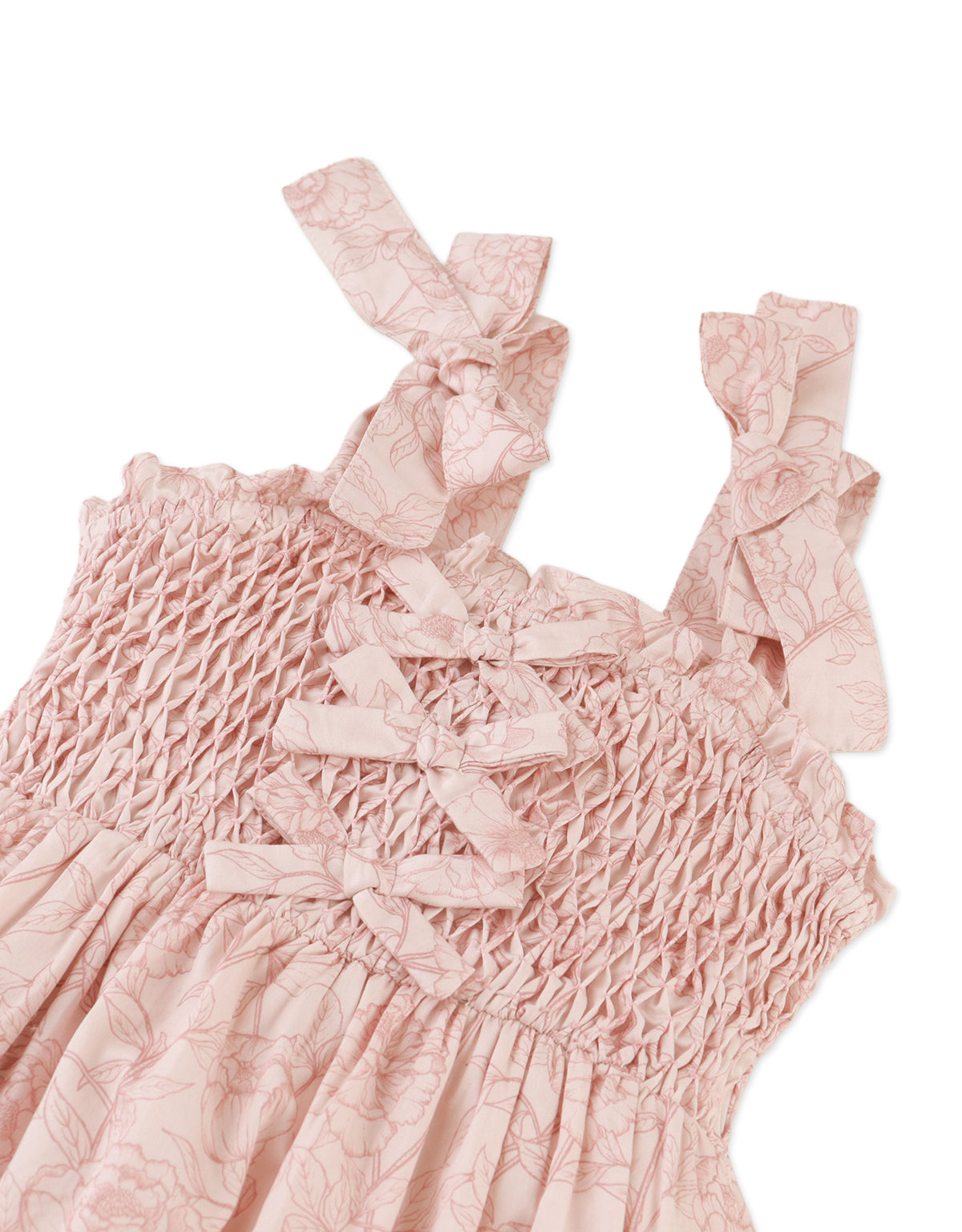 Savannah Floral Toile Print Dress with Smocked and Velvet Bows Bodice style detail