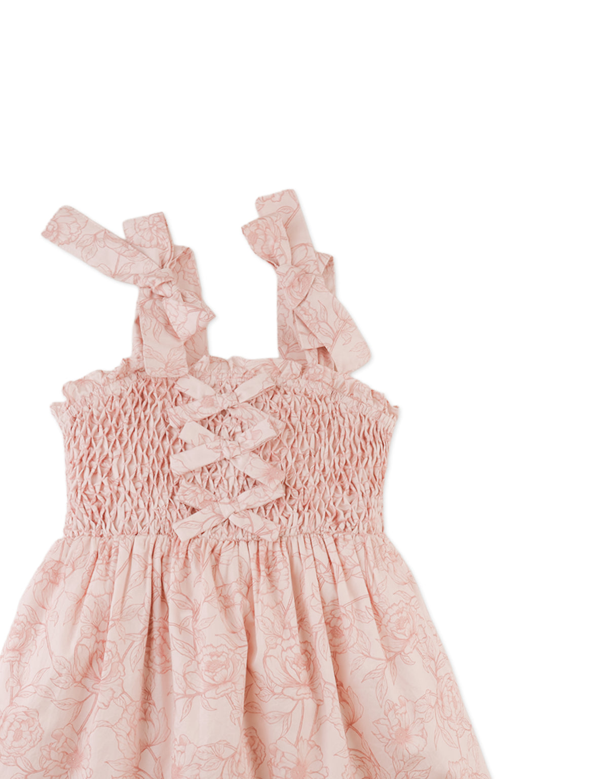 Savannah Floral Toile Print Dress with Smocked and Velvet Bows Bodice close-up detail